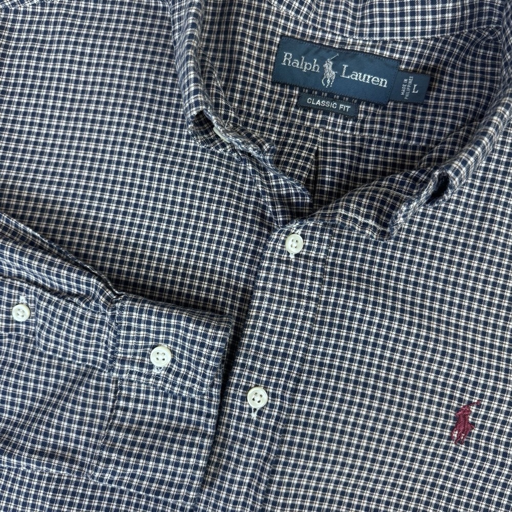 Ralph Lauren Shirt Large‎ Classic Fit Blue Check Long Sleeve Button Down Pony
